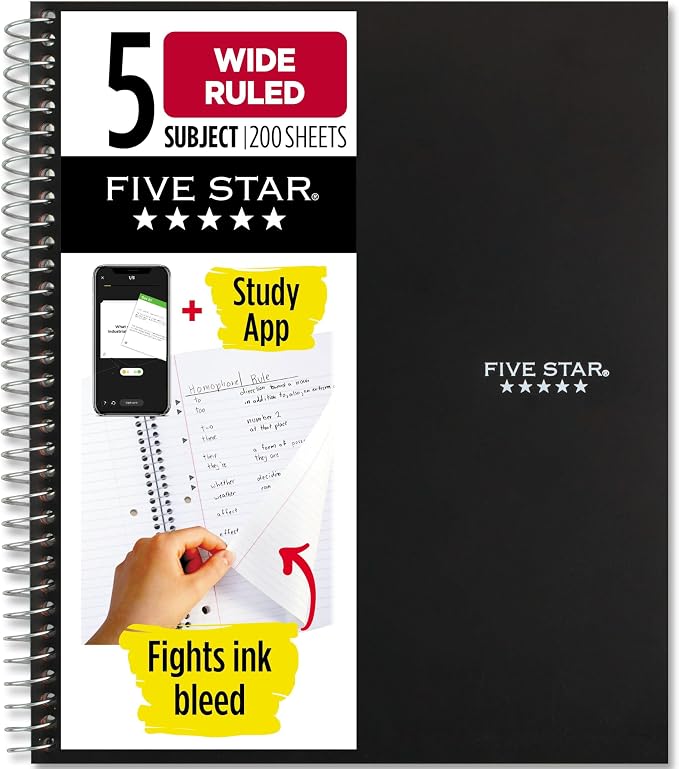 Five Star Spiral Notebook + Study App, 5 Subject, Wide Ruled Paper, 200 Sheets by FiveStar