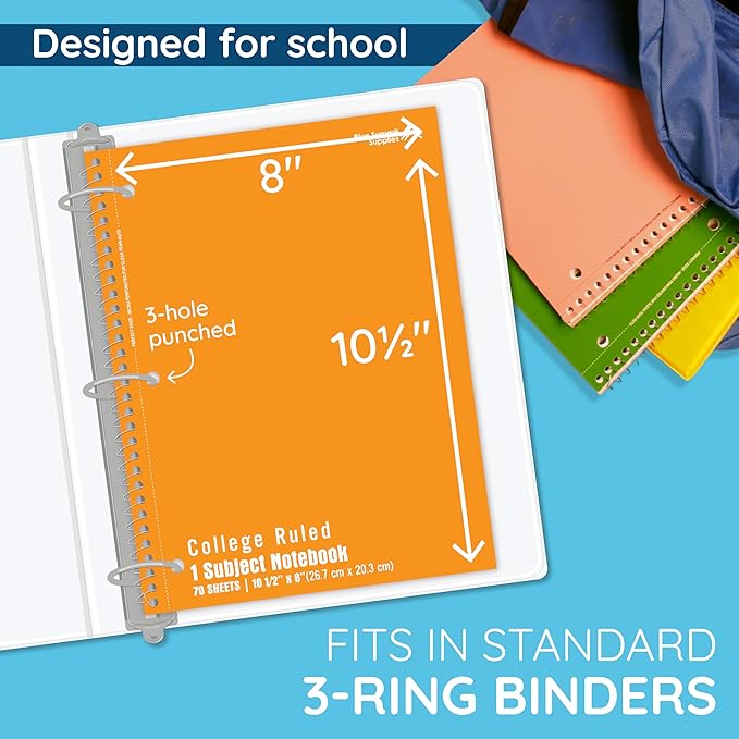 Blue Summit Orange Spiral Notebooks Bulk, One Subject Spiral Notebook College Ruled, Perforated Notebook, 8 x 10.5 for Work and School, Paper, College Ruled, Bulk 48 Pack-DeskLoop Office