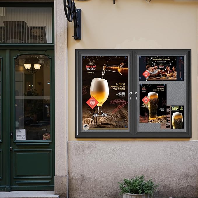 Weatherproof Enclosed Bulletin Board 44x32 Inch, Lockable Wall-Mounted Outdoor Grey Felt Noticeboard, Aluminum Frame Weather-Resistant Display Case for Office, School, Community-DeskLoop Office