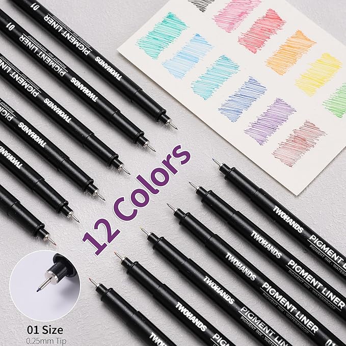 TWOHANDS Micro Pens 01,Art Pens,Fineliner Ink Pens,Set of 12 Technical Drawing pen,Pigment Pen,Fine Point,colord,Waterproof,for Art Watercolor,Sketching,Anime,Manga, 21281-DeskLoop Office
