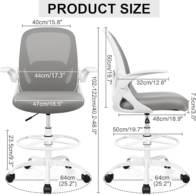 Drafting Chair Tall Office Chair with Flip-up Armrests, Adjustable Height, and Enhanced Lumbar Support - Ergonomic Rolling Stool, Back Support, and Adjustable Foot Rest Ring for Standing Desk Gray-DeskLoop Office