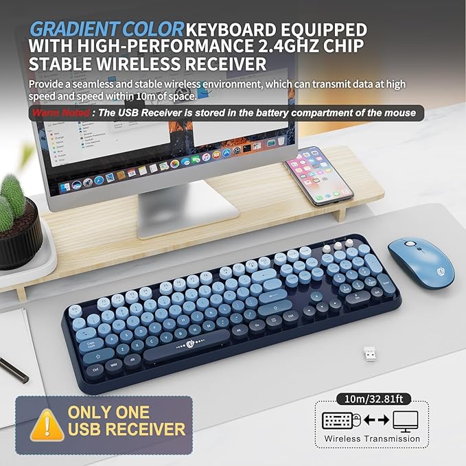 FOPETT Wireless Keyboard and Mouse Combo - 2.4G Full-Sized Cute Colorful Mouse and Keyboard with 104 Round Keys Retro Typewriter Keyboard for Laptop/Windows/PC - Blue Gradient-DeskLoop Office