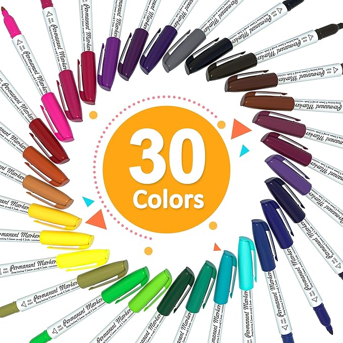 Lelix 30 Colors Permanent Markers, Fine Point, Assorted Colors, Works on Plastic,Wood,Stone,Metal and Glass for Kids Adult Coloring Doodling Marking-DeskLoop Office