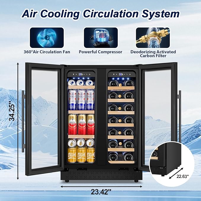 Wine and Beverage Refrigerator with Glass Door, 24-Inch Dual Zone Wine Fridge Under-Counter,4.6 Cu.Ft. 65 Cans and 20 Bottles Wine Cooler,Built-in or Freestanding Wine and Drink Fridge with Blue Light-DeskLoop Office