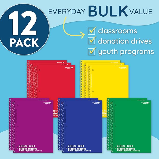 Blue Summit Spiral Notebooks Bulk, One Subject Spiral Notebook College Ruled, Perforated Notebook, 8 x 10.5 for Work and School, Paper, College Ruled, Bulk 12 Pack-DeskLoop Office