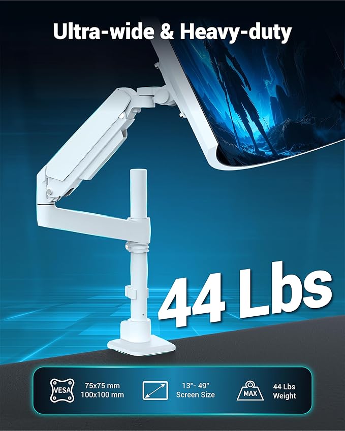 Heavy Duty Monitor Arm for 13-49 Inch Ultrawide Screens, Holds Up to 44lbs, Fully Adjustable Single Monitor Mount, with Clamp & Grommet Base, 75/100mm VESA Desk Mount, White-DeskLoop Office