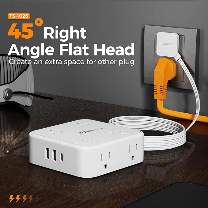 Flat Extension Cord, TESSAN Surge Protector Power Strip 5 FT with 8 Outlets 3 USB (1 USB C) Ports, 3-Sided Outlet Extender with 900J Surge Protection for Office Supplies, Dorm Room Essentials, White-DeskLoop Office