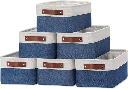 DULLEMELO Set of 6 Small Baskets for Organizing, Small Fabric Storage Bins for Toys Storage, Collapsible Storage Bins with Leather Handles for Shelves, Closets, Laundry, Nursery(White&Blue)-DeskLoop Office