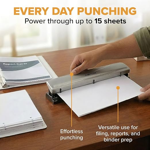 Bostitch 3 Hole Paper Punch, 15 Sheet Capacity, Metal Office Hole Puncher - Image 2