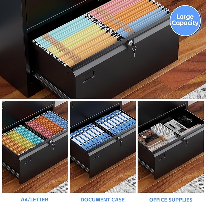 Metal 3 Drawer Lateral File Cabinet with 3 Lock - Wide Filing Cabinet for Letter/Legal/F4/A4 Hanging Files - Includes Business Card Holder,Home Office School Storage,Black-DeskLoop Office