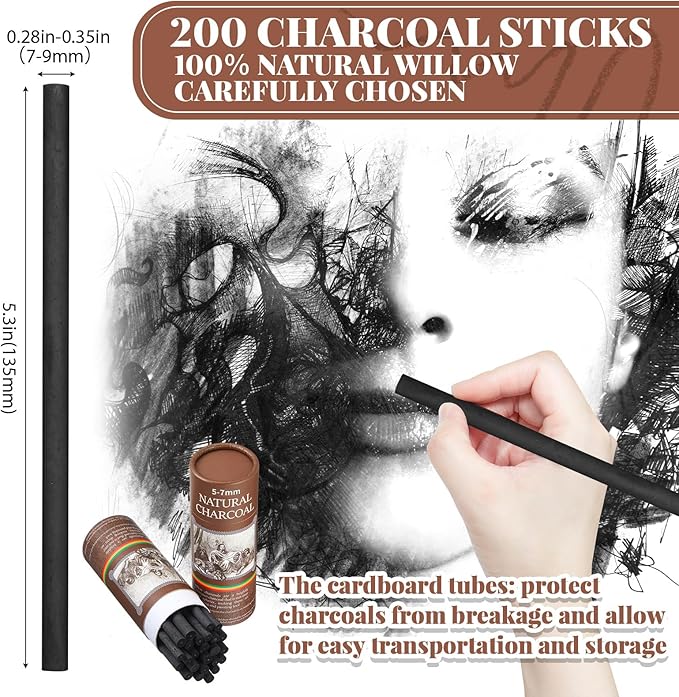 Gueevin 200 Pcs Willow Charcoal Sticks, Willow Charcoal, Artists, Beginners, Students, Perfect for Sketching, Drawing, Shading, and Fine Art (5-7mm)-DeskLoop Office