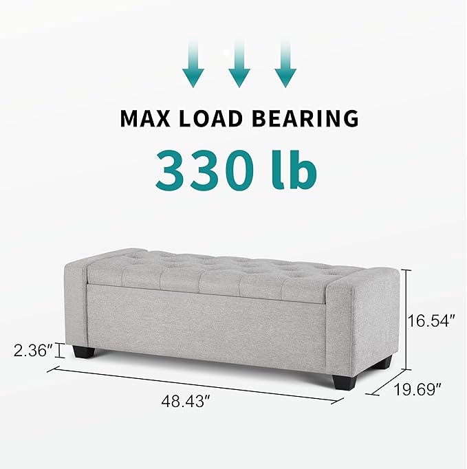 48" Ottoman with Storage, Storage Ottoman Bench with Safety Hinge, Upholstered Entryway Bench with Seating for Bedroom, Living Room, Holds up to 330 lb(Light Gray)-DeskLoop Office
