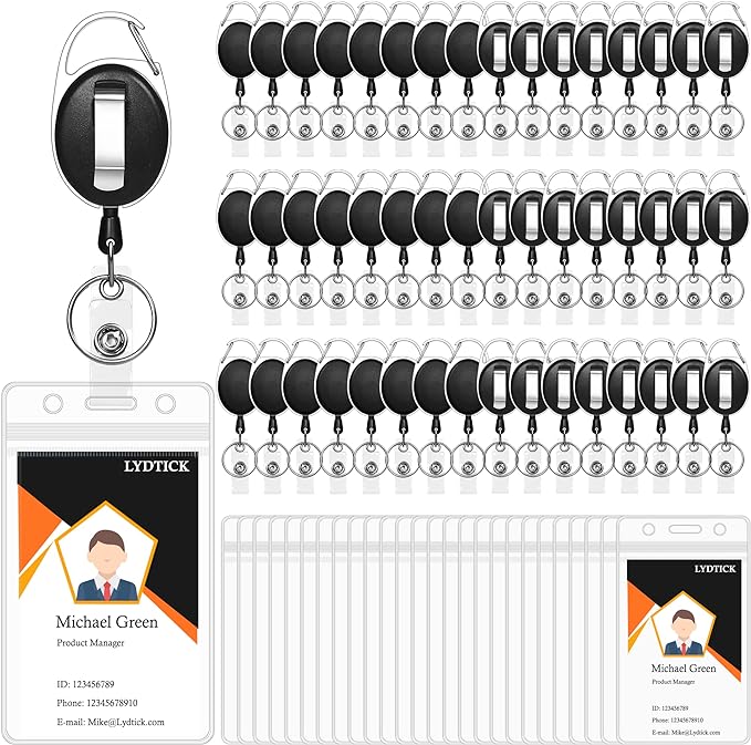 100 Pcs Retractable Badge Reels & ID Badge Holder, Heavy Duty Badge Holder by LYDTICK