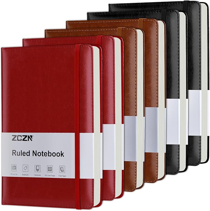 ZCZN 6 Pack Lined Journal Notebooks, 192 Pages A5 Hardcover Leather Journals for Work,Writing,School & Travel, College Ruled Journaling Notebooks for Notes Taking,Diary Notepad (Black*2+Brown*2+Red*2)-DeskLoop Office