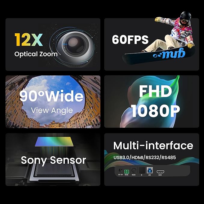 12X Optical Zoom Conference Room Camera USB3.0 HDMI PTZ Camera 1080P 60FPS Wide-Angle for Video Conference Church Live Streaming Meeting Education Works with Zoom Webex OBS YouTube-DeskLoop Office