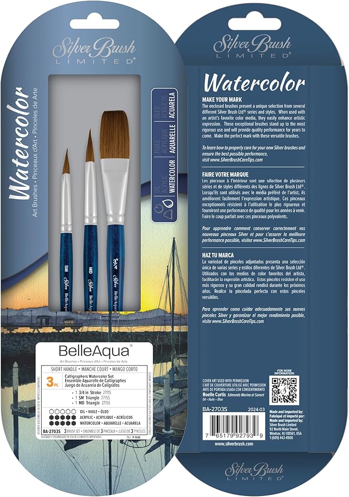 Silver Brush Limited BA-2703S BelleAqua Calligraphers Watercolor Brush Set, 3pc Professional Soft Synthetic Red Sable Short Handle Paint Brush Set, Small & Medium Triangle and 3/4 Inch Stroke Brushes-DeskLoop Office