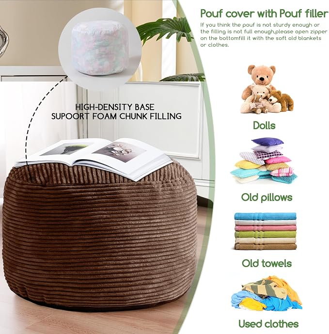 HIGOGOGO Round Stuffed Pouf Ottoman, Corduroy Poufs - Image 5