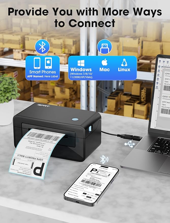 iDPRT Bluetooth Thermal Shipping Label Printer for Phone, 4x6, Supports Windows/Mac/iOS/Android, Ideal for Small Business and Shipping Packages-DeskLoop Office