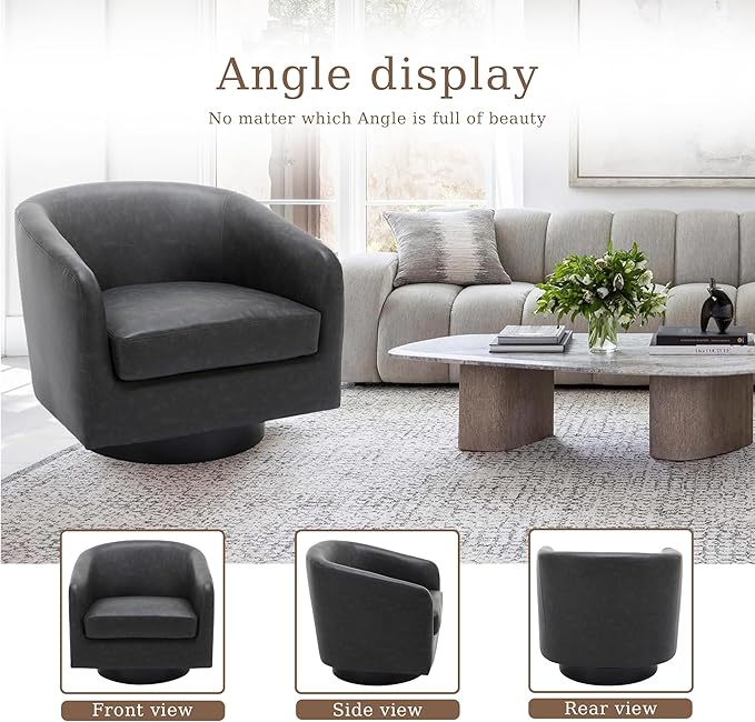 UIXE Faux Leather Swivel Accent Chairs Set of 2, Modern Upholstered Barrel Chairs for Living Room, Comfy Round Armchair Single Sofa Bedroom Reading Seat - 31" W, Black-DeskLoop Office