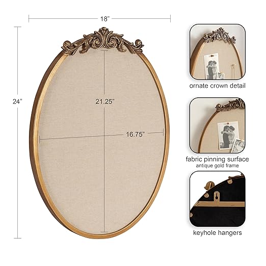 Kate and Laurel Arendahl Decorative Oval Pinboard, 18 x 24, Gold, Framed Round Ornate Vintage Cork Board for Use as Motivational Vision Board or Wall Organizer-DeskLoop Office