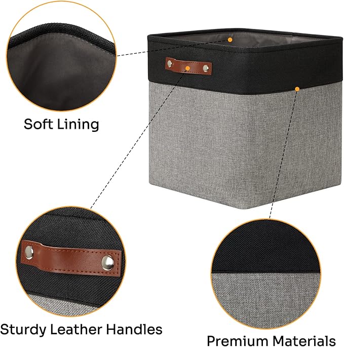 DULLEMELO Storage Bins for Organizing,Closet Storage Baskets for Gift Empty,Large Linen Canvas Storage Bins with Handles for Home Office Toys Shelves(Black&Grey, 13 inch Cube)-DeskLoop Office