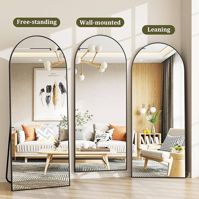 HARRITPURE 65"x24" Arched Full Length Mirror Free Standing & Wall-Mounted Full-Length Mirror with Stand Modern Black Mirror for Living Room Bedroom Cloakroom Aluminum Frame-DeskLoop Office