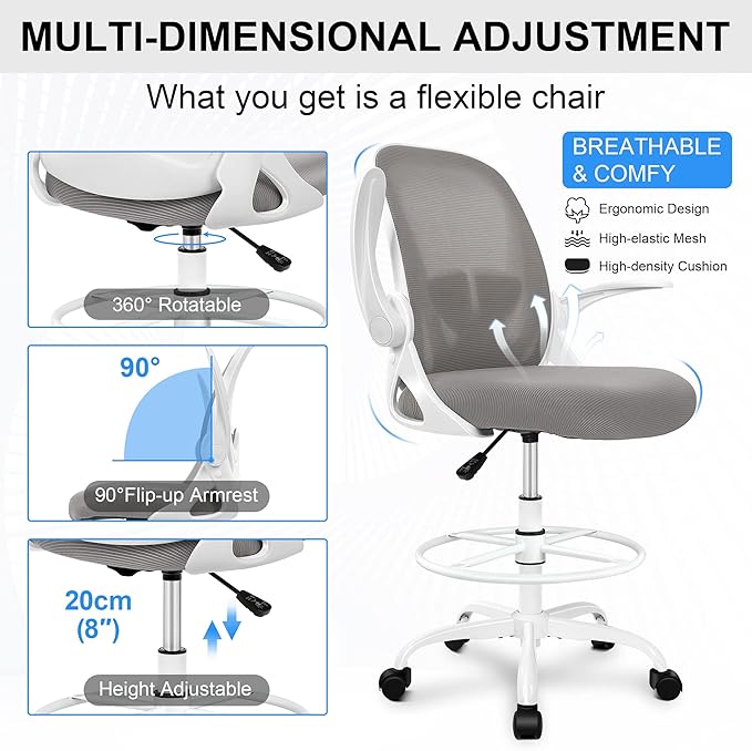 Primy Ergonomic Drafting Chair with Flip-up Armrests Tall Office Chair for Standing Desk Comfortable Desk Chair with Adjustable Footrest Ring and Lumbar Support in Gray Perfect for Home and Office Use-DeskLoop Office