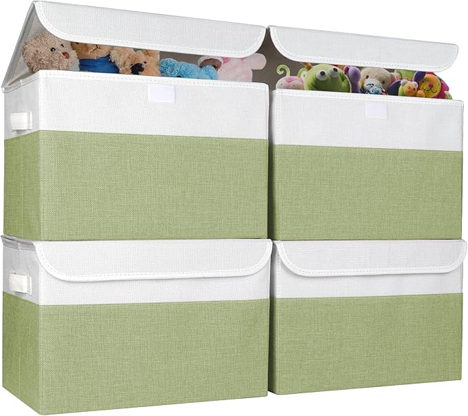 Large 22 Quart Linen Fabric Foldable Storage Bin Cube Organizer Basket with Flip-Top Lid & Handles, Clothes Blanket Box for Home, Office, Closet, Green & White, 4 Pack 14.6 x 9.5 x 9.5-DeskLoop Office