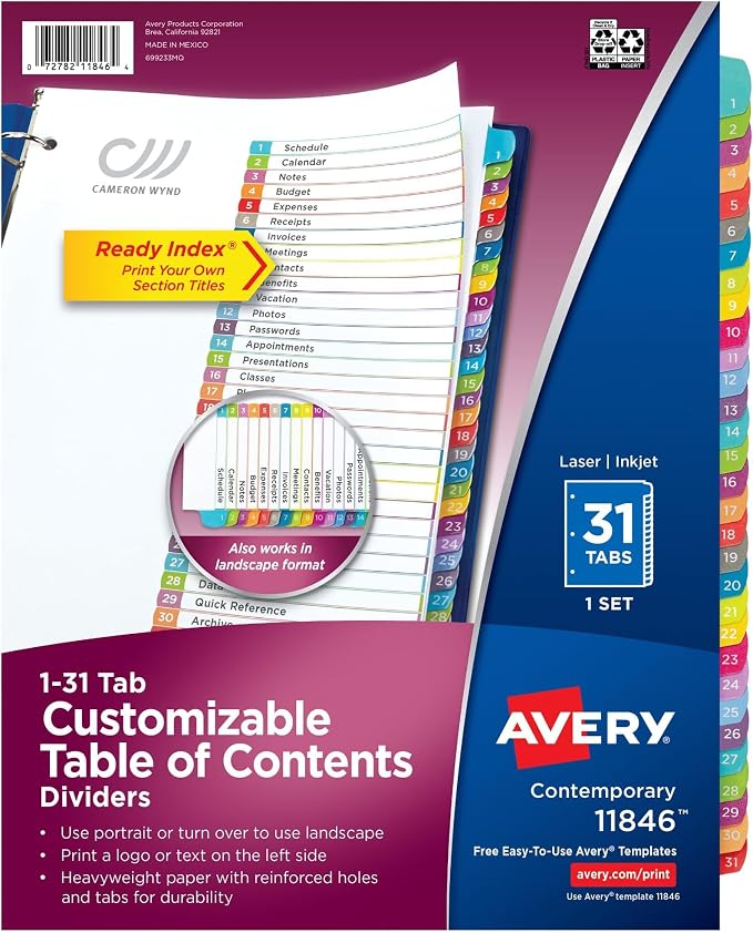 Avery 1-31 Dividers for 3 Ring Binders, 31 Tabs per Set, Customizable Table of by Avery