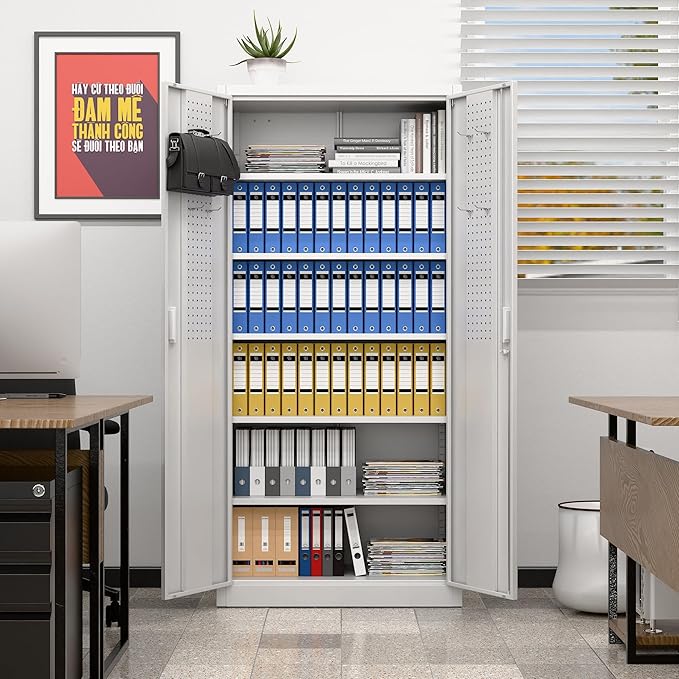 Aobabo Upgraded 71" H×34" W×18" D Metal Garage Storage Cabinet with Pegboards, Lockable Steel Cabinet with 5 Adjustable Shelves and 4 Hooks for Garage, Home, Office, White,Assembly Required-DeskLoop Office