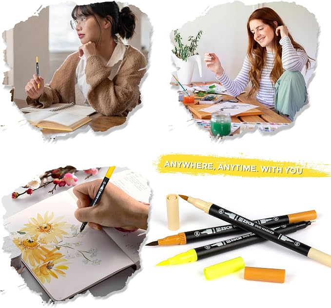 ZSCM Yellow Duo Tip Marker Pens, 12 Pack Fine & Brush Markers - Image 7