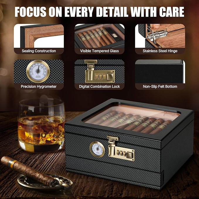 Tesonway Cigar Humidor, Cedar Wood Humidor Cigar Box, Glass Top Desktop Humidor - Image 6