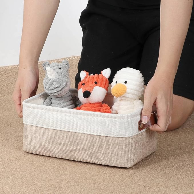 DULLEMELO Small Storage Bins, Storage Baskets for Organizing, Collapsible Rectangular Fabric Baskets for Shelves, Closets, Nursery, Home, Office, Empty Gift Baskets (6-Pack, White&Khaki)-DeskLoop Office