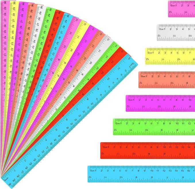 16 Pack Assorted Color Clear Rulers 12 inch, Plastic Ruler Bulks by Okxir