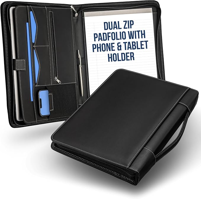 STYLIO Black Zipper Padfolio Portfolio Binder w/Carrying Handle | Organizer by Stylio