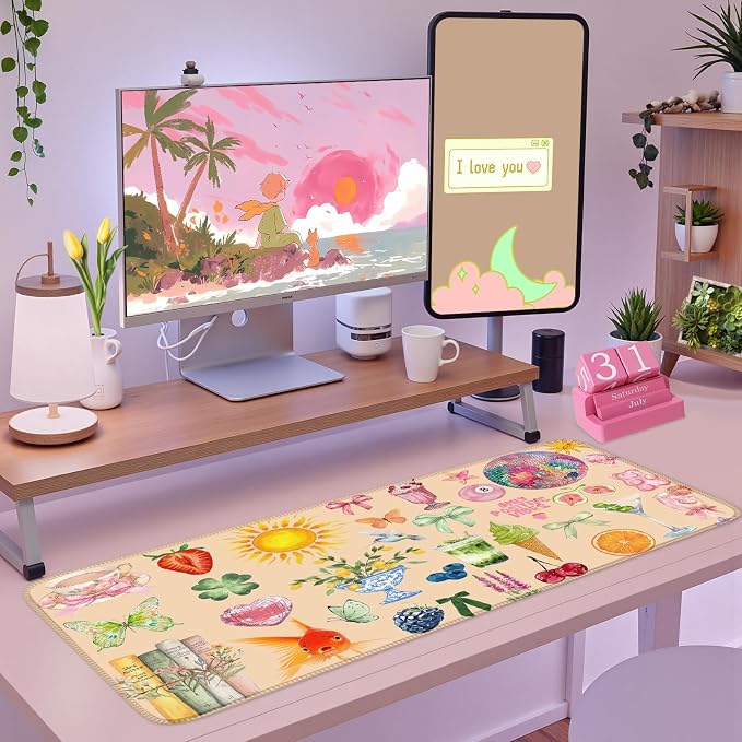 Cute Pink Boho Pastel Desk Mat Colorful Desk Mat - Image 5