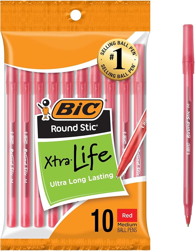 BIC Round Stic Xtra Life Red Ballpoint Pens, Medium Point, 10-Count Pack of by BIC