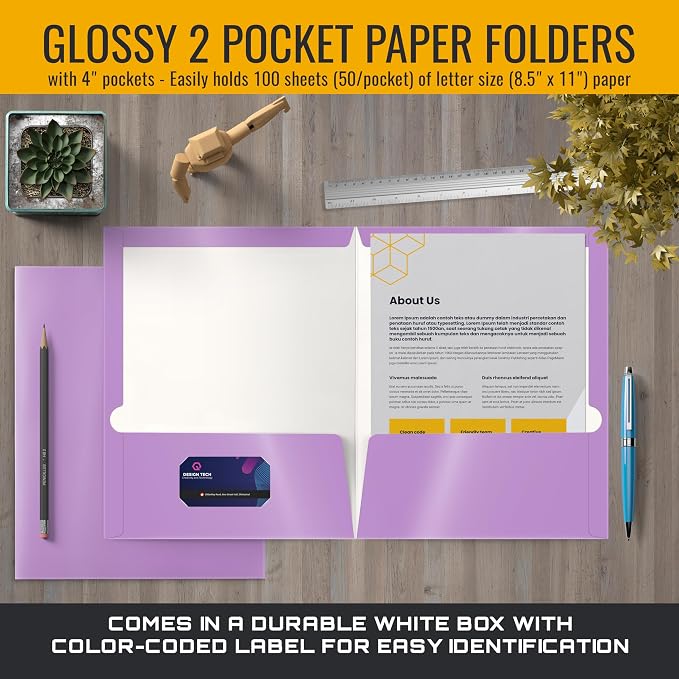 Better Office Products 2 Pocket Glossy Laminated Lavender Paper Folders - Image 4