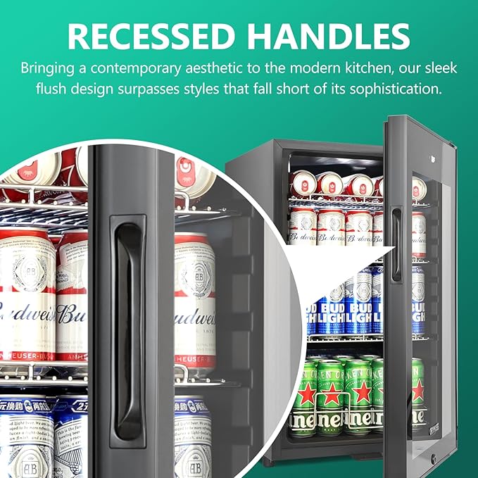 101 Cans Compressor Beverage Refrigerator, 17 Inch Drink Fridge with Glass Door, Adjustable Removable Shelves, Quiet Operation, Temp Memory, Beer Cooler for Soda, Beer, Water, Home Bar, Office-DeskLoop Office