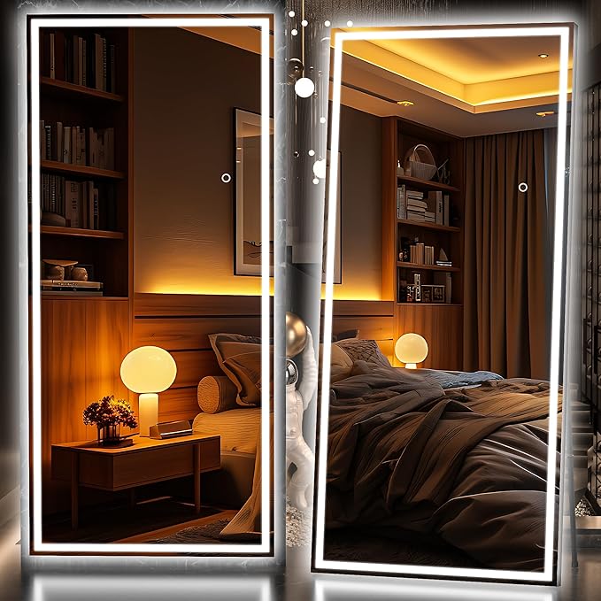 Hasipu Full Length Mirror with Lights, 81" x 34" LED Lighted Floor Standing Mirror, Full Body Dressing Hanging Mounted Mirrors, Dimmable, Tempered Glass, Safe to Use, Square Black-DeskLoop Office