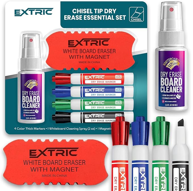 EXTRIC Dry Erase Markers Chisel Tip Set 4 Whiteboard Markers and cleaner by EXTRIC