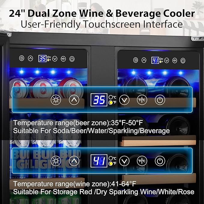 24" Dual Zone Wine & Beverage Refrigerator – Under Counter Cooler with Upgraded Cooling & Blue LED Light, Hold 20 Bottles and 88 Cans Large Capacity Wine Fridge, Built-In or Freestanding – Black-DeskLoop Office