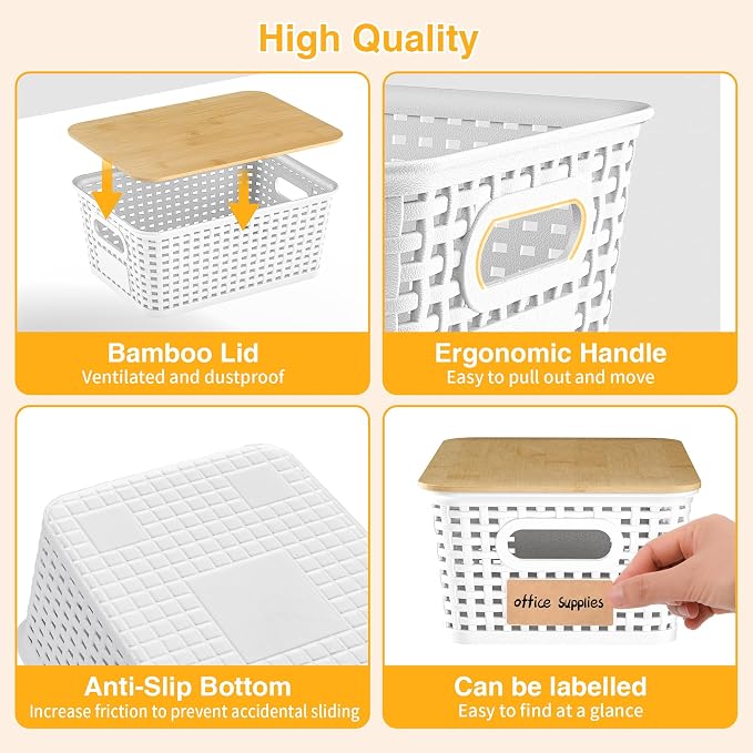 Plastic Storage Baskets with Bamboo Lids and Labels, Stackable Storage - Image 7
