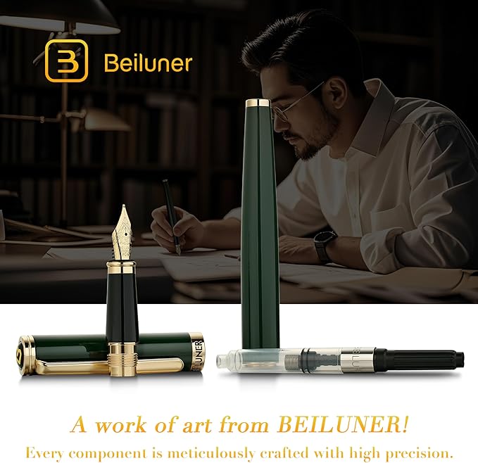 BEILUNER British Racing Green Fountain Pen,Stunning Luxury Pens with 24K Gold Accents, Gorgeous 24K Gilded Nib(Medium), Ink Converter, Pen Gift for Men&Women-Elegant, Reliable,Fancy for Writing-DeskLoop Office