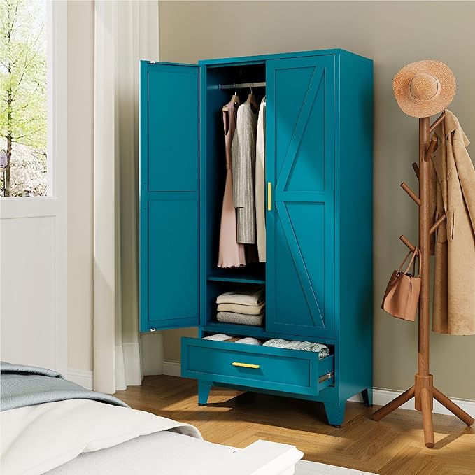 Farmhouse Wardrobe Cabinet with 2 Drawers,Metal Wardrobe Closet with Hanging Rod,Metal Armoire with Adjustable Shelves for Bedroom,Living Room, Cloak Room,Office (Blue)-DeskLoop Office