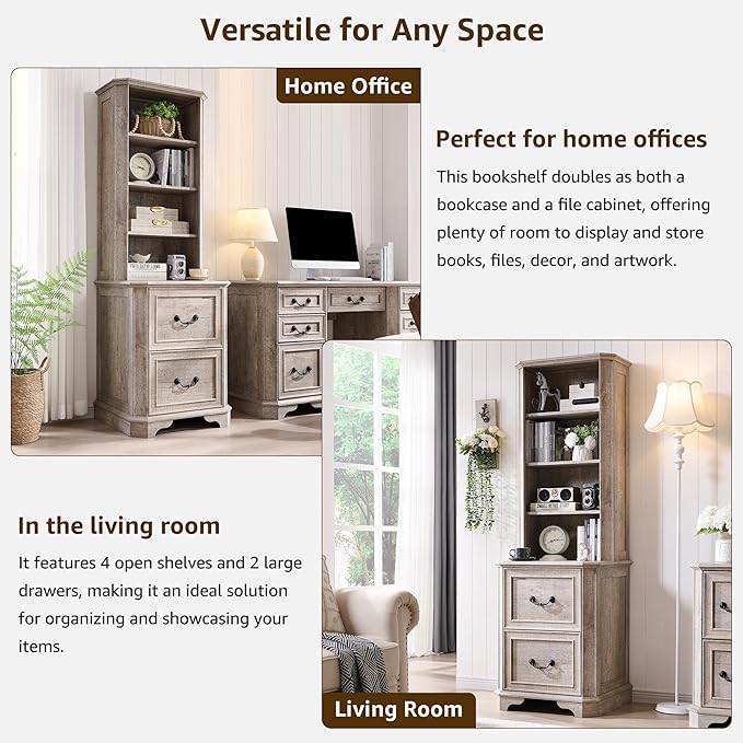 T4TREAM 6-Tier Bookcase with 2 File Drawers, 72" Tall Farmhouse Bookshelf with Storage & Adjustable Shelves, Wooden Floor Standing Display Book Shelf Organizer for Home Office, Light Rustic Oak-DeskLoop Office