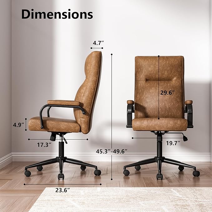 Brown Leather Office Chair with Wheels, Memory Foam Height Adjustable Computer Deak Chair, Rolling Swivel Executive Chair for Home Office-DeskLoop Office