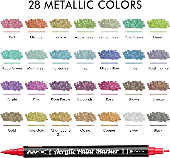 28 Metallic Colors Dual Tip Acrylic Paint Markers, Brush Tip and Fine Tip Acrylic Paint Pens for Rock Painting, Ceramic, Wood, Canvas, Plastic, Glass, Stone, Calligraphy, Card Making, DIY Crafts-DeskLoop Office