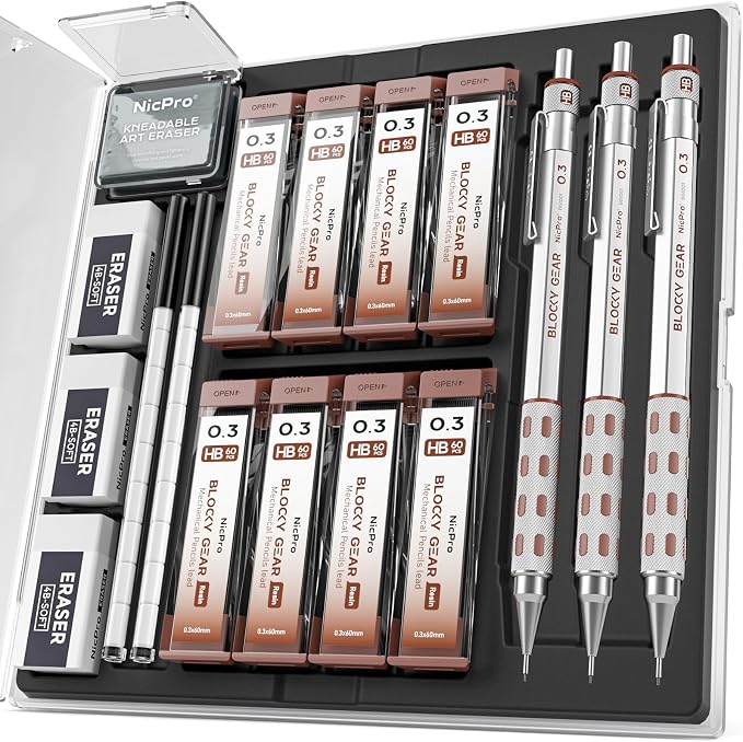 Nicpro 3 Pack Blocky Gear 0.3 mm Metal Mechanical Pencils Set by Nicpro