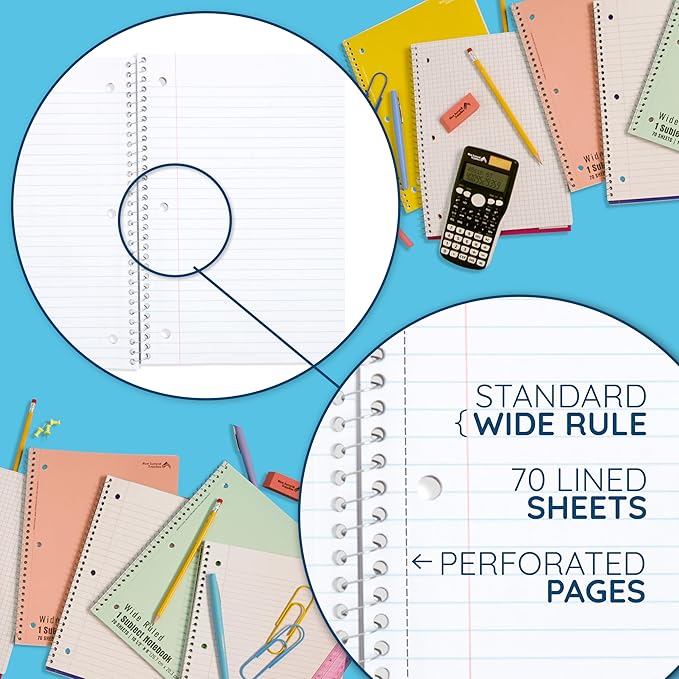 Blue Summit Pastel School Notebooks, 1 Subject Notebooks for School Wide Ruled, 6 Pack-DeskLoop Office